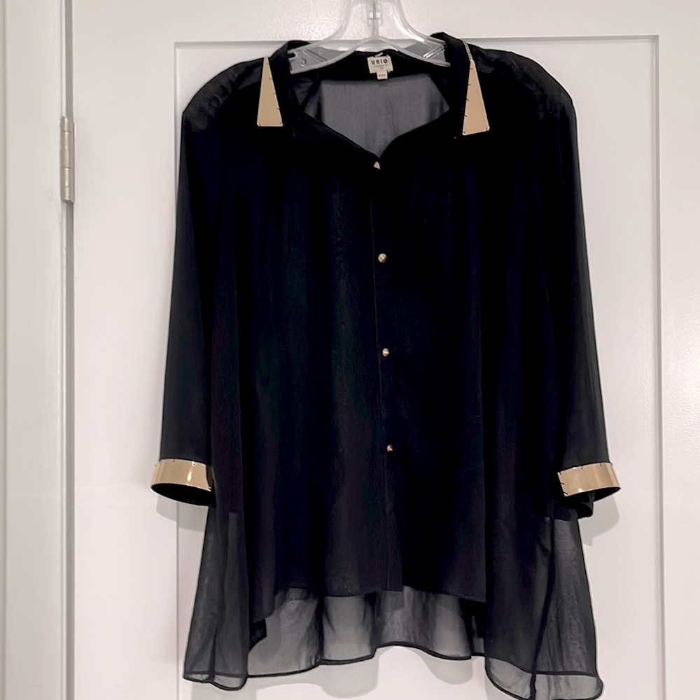 Sheer black blouse with gold metal collar,cuffed sleeves button down.